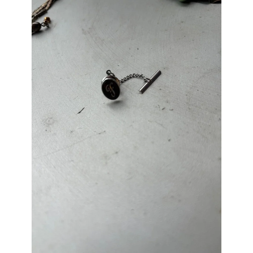 Vintage Silver Tone Black Enamel‎ Initial Letter F Tie Tack with T-Bar Chain